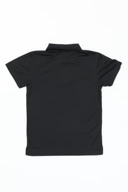 A black polo shirt with a short sleeve and a classic collar, featuring a logo on the back.