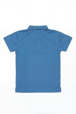 A blue youth polo shirt with a collar and short sleeves, featuring a logo on the back.