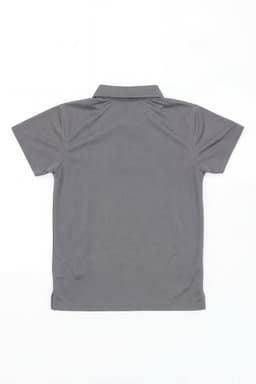A grey youth polo shirt featuring a collar and short sleeves, displayed from the back. There is a logo present.