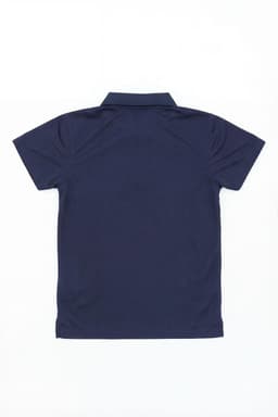 A navy blue youth polo shirt with a classic collar and a branding logo on the back.