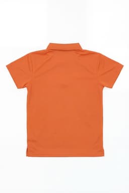 An orange polo shirt with a collar and short sleeves, featuring a logo on the back.