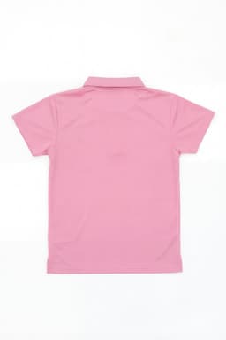 A pink polo shirt with a classic collar and short sleeves, featuring a branding logo on the back.