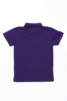 A purple polo shirt featuring a collar and short sleeves, with a logo on the back.