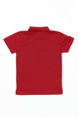 A red youth polo shirt with a classic collar, featuring a smooth fabric texture and no visible logo.