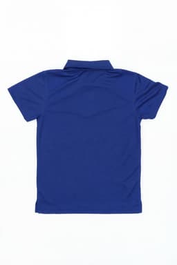 A blue youth polo shirt with a plain back, featuring a collar and short sleeves. It has a logo on the upper back.