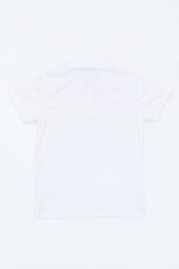 A plain white Youth Core Polo shirt with a logo on the chest area. Short sleeves and a classic fit.