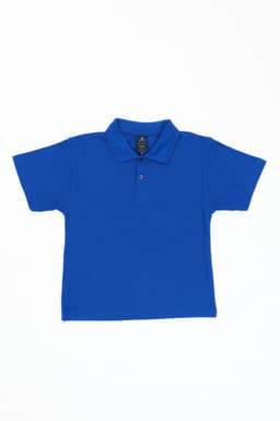 A blue youth polo shirt featuring a collar and three buttons, with a branded label.