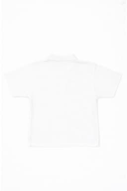 A white youth polo shirt with a collar and short sleeves. It features a logo on the front.