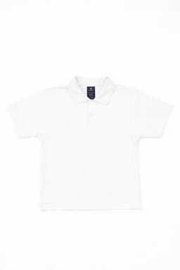 A white youth polo shirt with a collar and a logo on the tag.