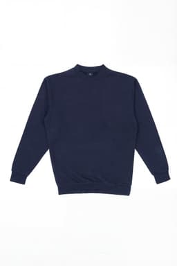 A navy blue crew jumper with long sleeves and a round neckline, featuring a logo.