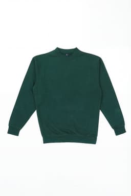 A green jumper featuring a round neck and long sleeves, with a logo on the front.