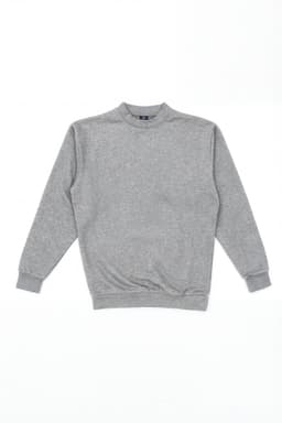 A grey crew jumper featuring a round neckline and ribbed cuffs, with a logo on the front.
