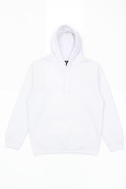 A white hoodie featuring a hood and a front pocket, with a logo on the front.