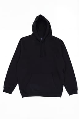 A black hoodie featuring a front pocket and drawstrings, with a logo on the front.