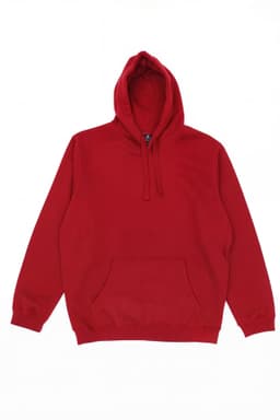 A red hoodie featuring a large front pocket and a drawstring hood, with a logo on the chest area.
