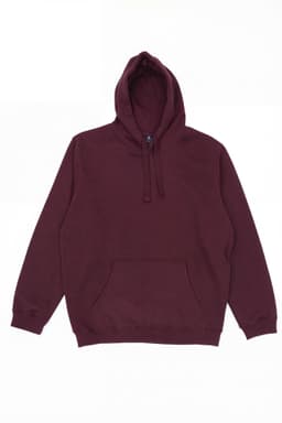 A burgundy hoodie with a kangaroo pocket and a hood, featuring a logo on the label.