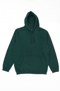 A dark green hoodie with a front pocket and a drawstring hood. It features a logo on the label.