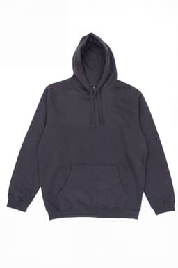 A dark grey hoodie featuring a hood and a front pocket, with a logo present on the design.