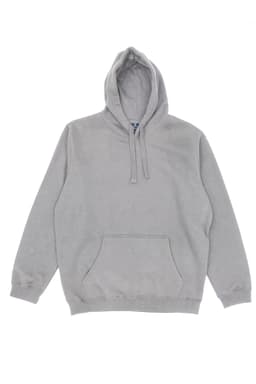 A grey hoodie with a front pocket and a drawstring hood, featuring a small logo.