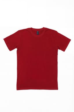 A plain red T-shirt with short sleeves, featuring a tag inside and no visible logos.
