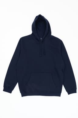A navy hoodie featuring a front pocket and adjustable drawstrings, with a logo on the chest area.