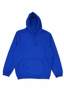 A blue hoodie with a front pocket and a drawstring hood, featuring a logo.