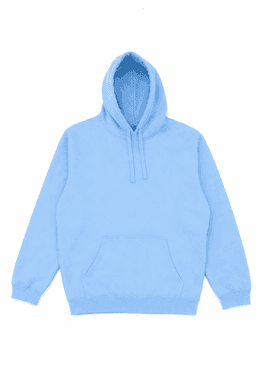 A light blue hoodie with a front pocket and a hood, featuring a logo on the front.