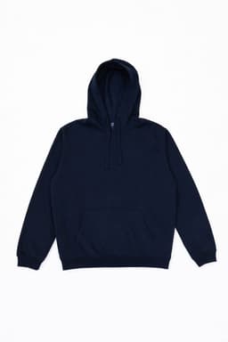 A navy blue hoodie with a front pocket and a drawstring hood. It features a branding logo.