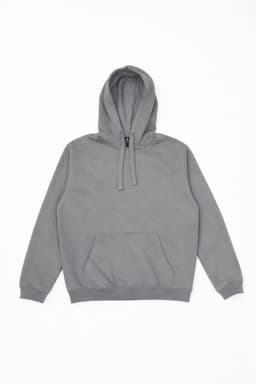 A grey hoodie with a front pocket and a drawstring hood, featuring a branding logo.