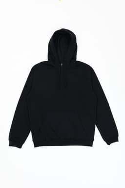 A black hoodie with a kangaroo pocket and a drawstring hood. It features a logo on the front.
