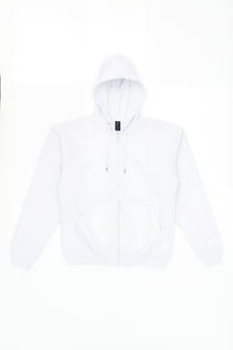 A white zip-up hoodie with a hood and front pockets, featuring a logo.