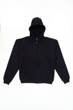 A black zip hoodie featuring a hood and front pockets, with a logo on the inside label.