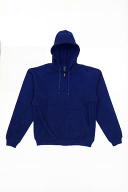 A navy blue hoodie with a zip, featuring a hood and two front pockets. The product has a logo.