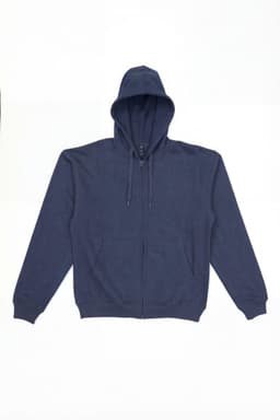 A navy zip-up hoodie with a hood and pockets, featuring a branding logo.