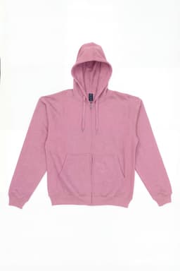 A pink zip-up hoodie featuring a hood and front pockets, with a small logo on the label.