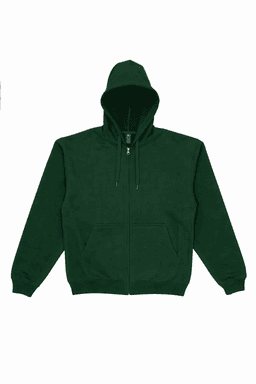 A green zip hoodie with a hood and front pockets, featuring a logo.