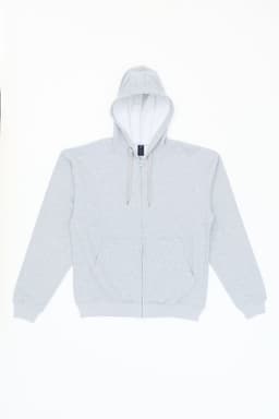 A grey zip-up hoodie with a hood and a front zipper, featuring a logo on the chest.