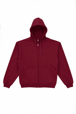 A maroon zip-up hoodie featuring a hood and front pockets, with a branding logo present.