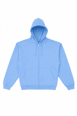 A light blue zip-up hoodie with a hood and front pockets. It features a branding logo.