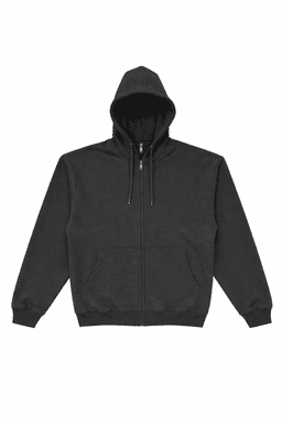 A black zip-up hoodie featuring a front pocket and a hood, with a logo visible on the fabric.