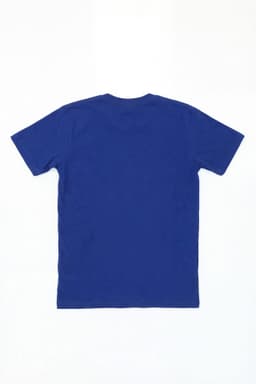 A blue t-shirt with short sleeves, view from the back, featuring a logo.