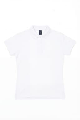 A women's white polo shirt featuring a classic collar and short sleeves, with a logo on the front.