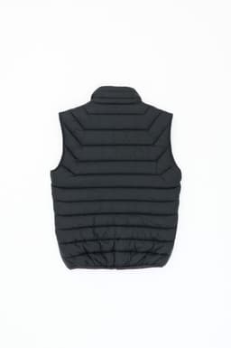 A black puffer vest with a textured, quilted design and a high collar. It has a logo on the back.