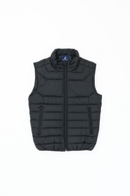 A black puffer vest featuring a high collar and zippered pockets, with a logo on the collar.
