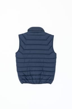 A navy blue puffer vest with a quilted design and high collar. It features a branding logo.