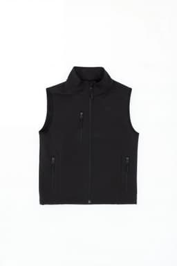 A black softshell vest featuring a stand-up collar and multiple zippered pockets, accompanied by a logo.
