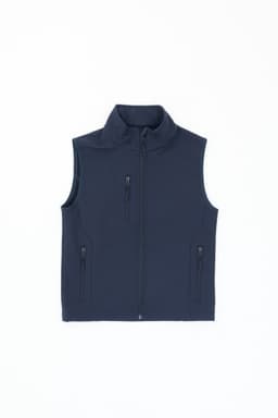 A navy blue softshell vest with a zip front and multiple zippered pockets. It features a high collar and has a logo.