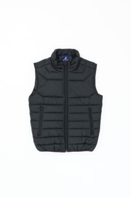 A black puffer vest with a high collar and zip closures, featuring side pockets and a logo.