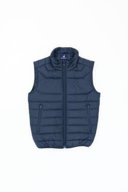 A navy blue puffer vest featuring a high collar, zip front, and two side pockets. It has a logo on the upper side.