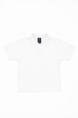A white polo shirt featuring a collar and short sleeves, with a logo on the chest.